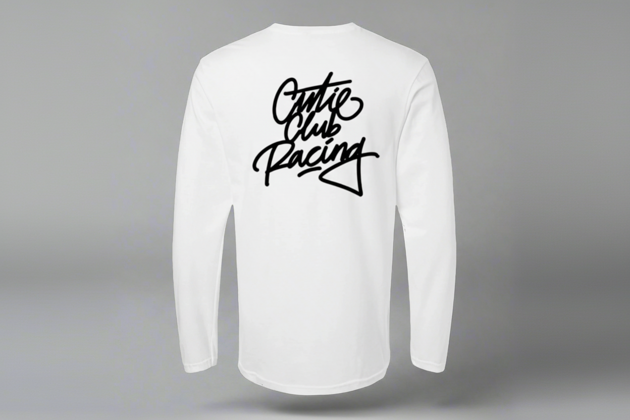White long-sleeve shirt with 'Coutie Club Racing' text on the back against a black background