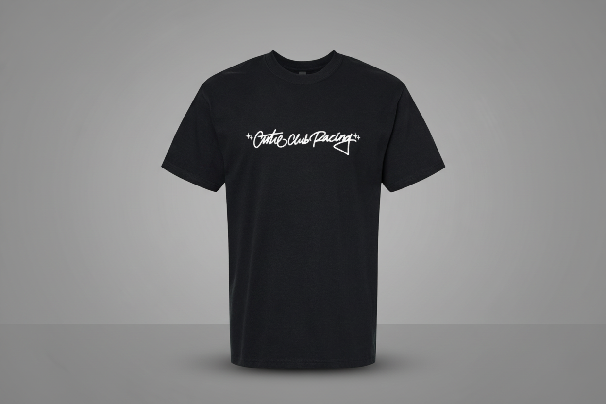 Black t-shirt with a white logo on a gray background