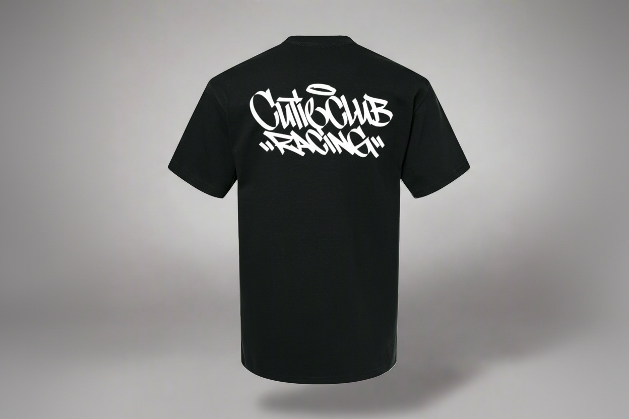 black shirt with white text on the front