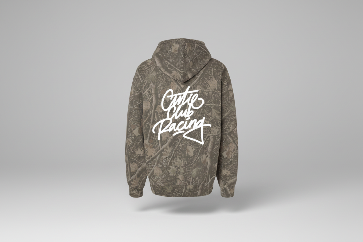 Camouflage hoodie with 'Outie Club Racing' text on a white background