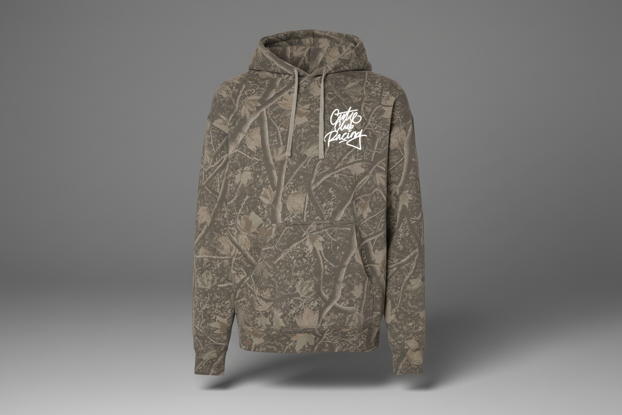 Camouflage hoodie with a logo on a white background