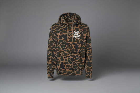 Camouflage hoodie with a logo on a white background