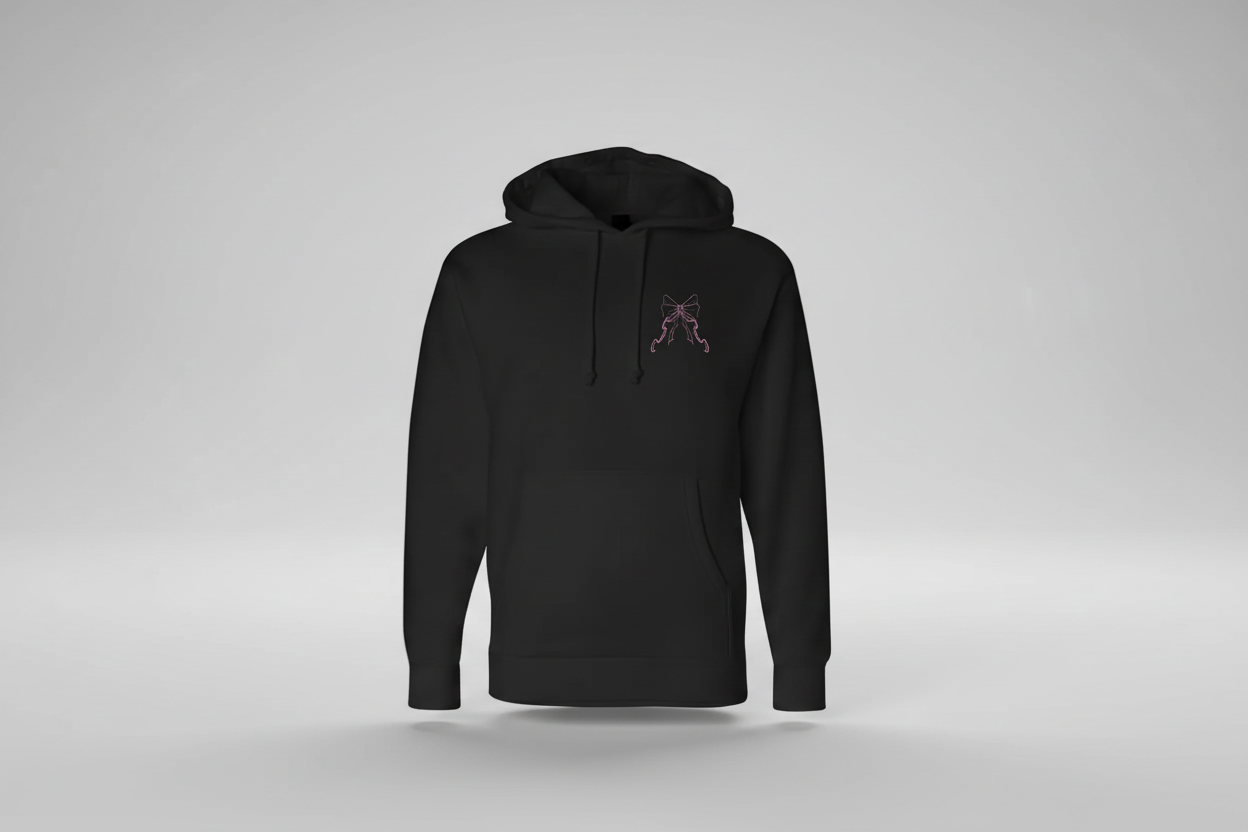 Black hoodie with a small logo on a gray background