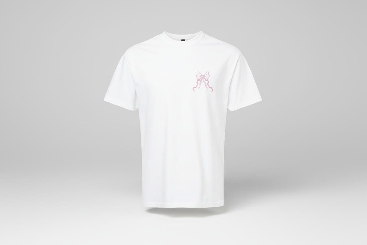 White t-shirt with a pink bow design on a white background